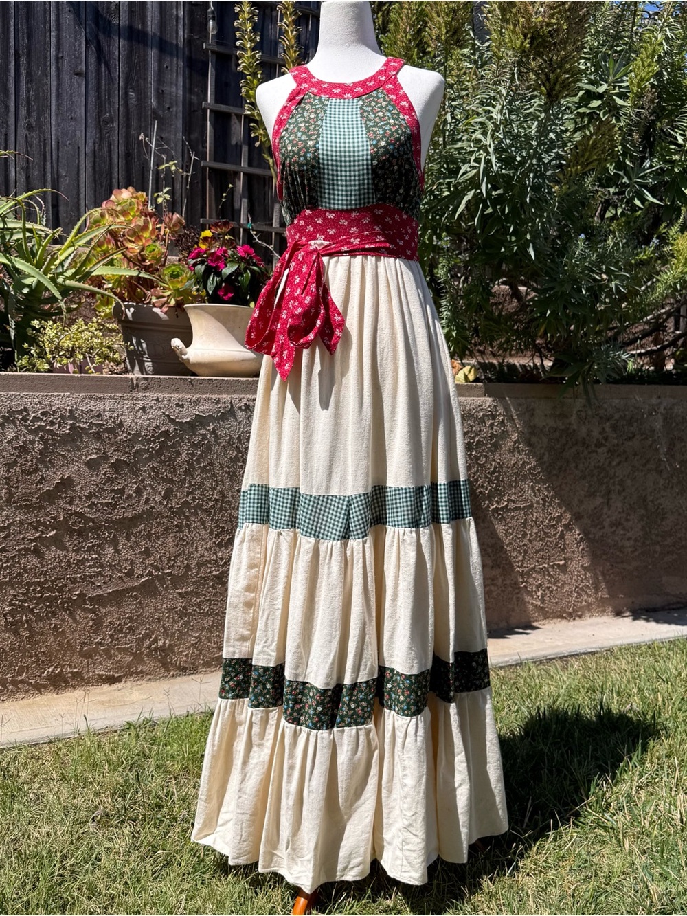 Vintage Gunne Sax Cream Maxi Dress with Red and Green floral accents.
